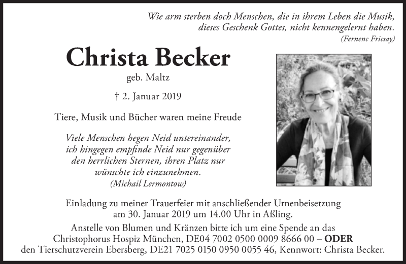  Traueranzeige für Christa Becker vom 19.01.2019 aus Süddeutsche Zeitung