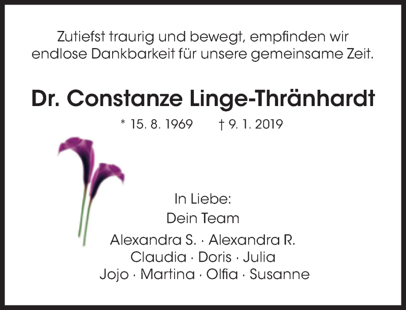  Traueranzeige für Constanze Linge-Thränhardt vom 19.01.2019 aus Süddeutsche Zeitung