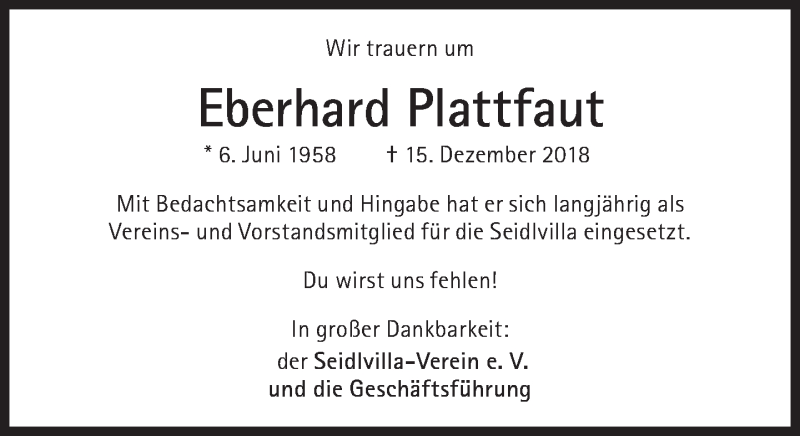  Traueranzeige für Eberhard Plattfaut vom 19.01.2019 aus Süddeutsche Zeitung