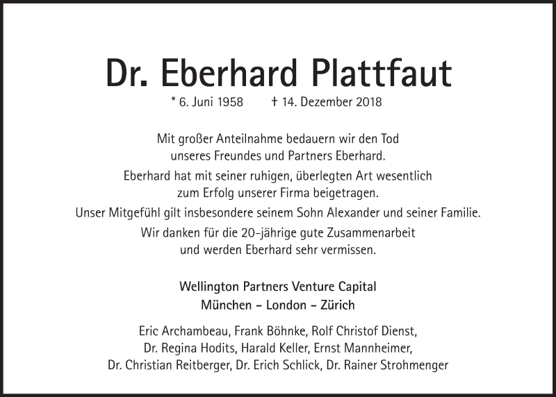  Traueranzeige für Eberhard Plattfaut vom 12.01.2019 aus Süddeutsche Zeitung