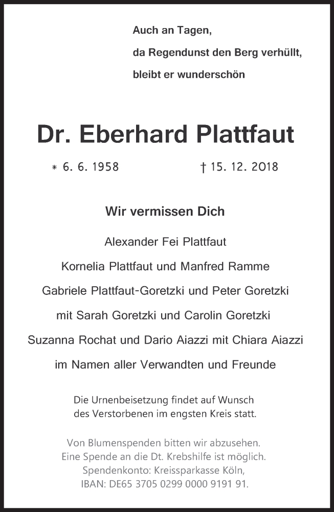  Traueranzeige für Eberhard Plattfaut vom 12.01.2019 aus Süddeutsche Zeitung