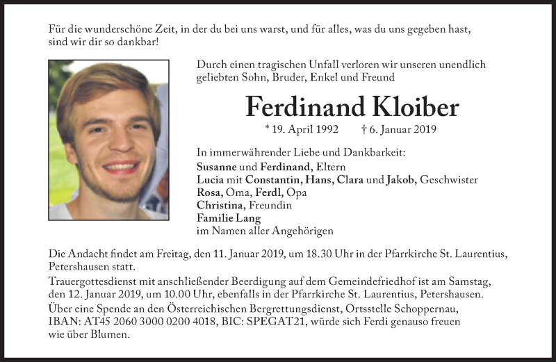  Traueranzeige für Ferdinand Kloiber vom 09.01.2019 aus Süddeutsche Zeitung