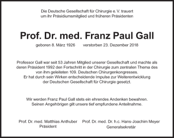 Traueranzeige von Franz Paul Gall von Süddeutsche Zeitung