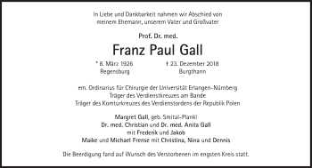 Traueranzeige von Franz Paul Gall von Süddeutsche Zeitung