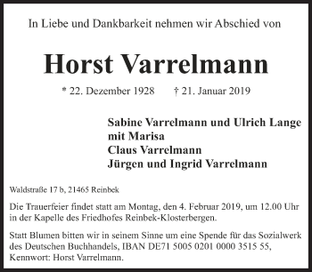 Traueranzeige von Horst Varrelmann von Süddeutsche Zeitung