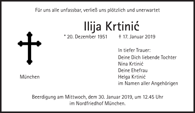  Traueranzeige für Ilija Krtinic vom 26.01.2019 aus Süddeutsche Zeitung