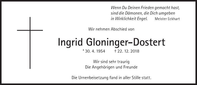  Traueranzeige für Ingrid Gloninger-Dostert vom 05.01.2019 aus Süddeutsche Zeitung