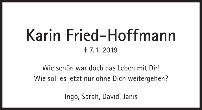  Traueranzeige für Karin Fried-Hoffmann vom 12.01.2019 aus Süddeutsche Zeitung