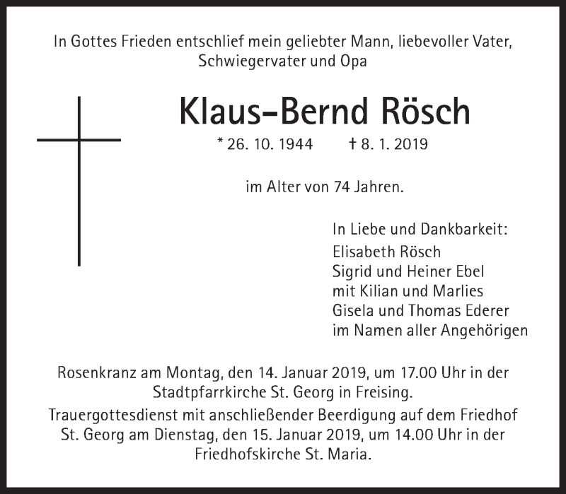  Traueranzeige für Klaus-Bernd Rösch vom 12.01.2019 aus Süddeutsche Zeitung