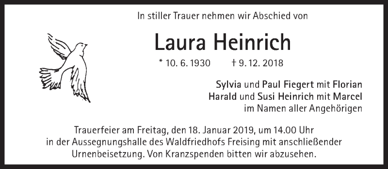  Traueranzeige für Laura Heinrich vom 12.01.2019 aus Süddeutsche Zeitung