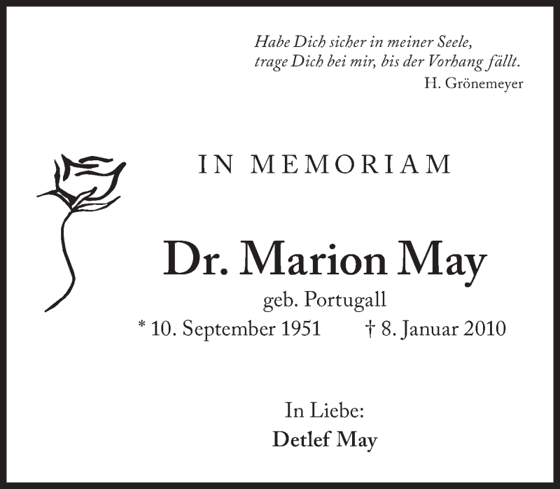  Traueranzeige für Marion May vom 08.01.2019 aus Süddeutsche Zeitung
