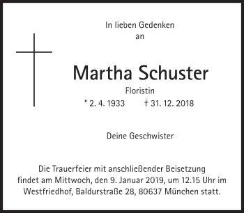 Traueranzeige von Martha Schuster von Süddeutsche Zeitung