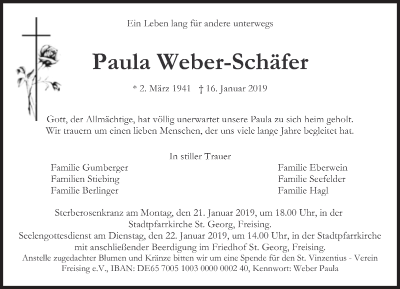  Traueranzeige für Paula Weber-Schäfer vom 19.01.2019 aus Süddeutsche Zeitung