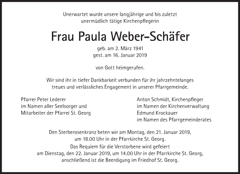  Traueranzeige für Paula Weber-Schäfer vom 19.01.2019 aus Süddeutsche Zeitung