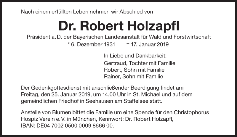  Traueranzeige für Robert Holzapfl vom 22.01.2019 aus Süddeutsche Zeitung