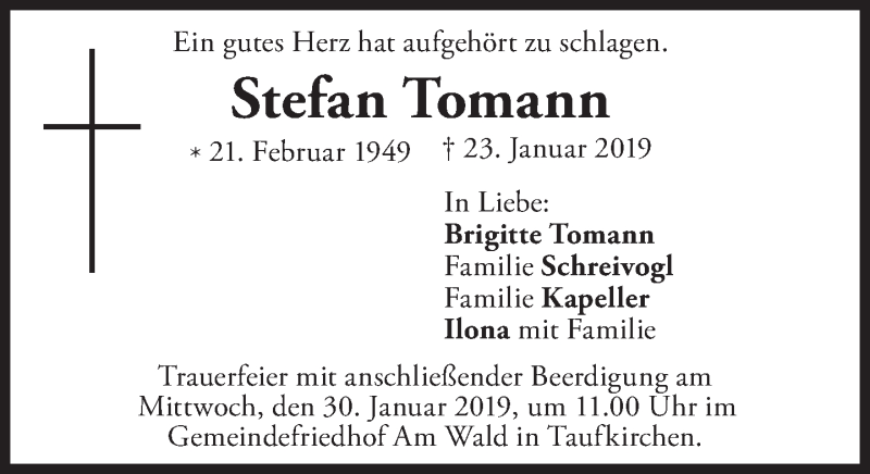  Traueranzeige für Stefan Tomann vom 26.01.2019 aus Süddeutsche Zeitung