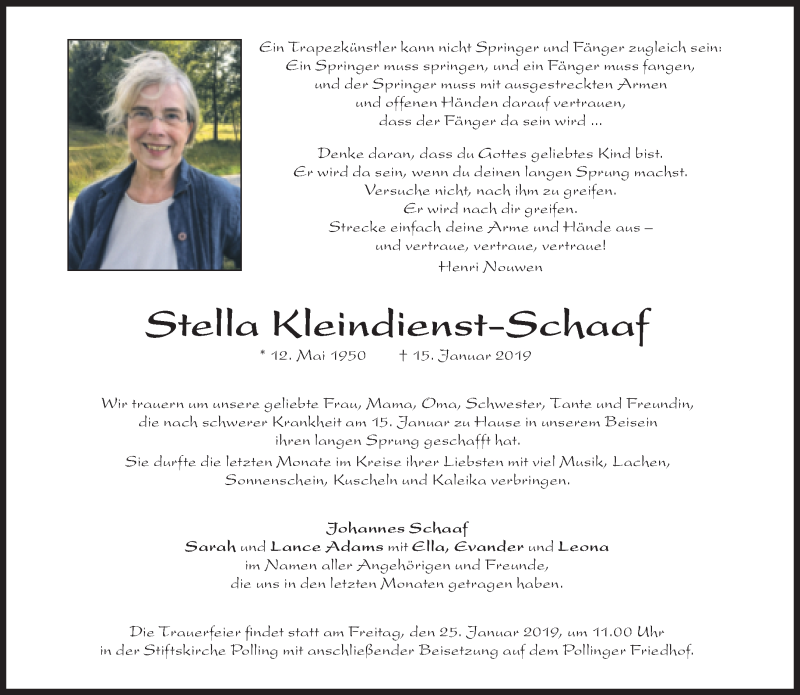  Traueranzeige für Stella Kleindienst-Schaaf vom 22.01.2019 aus Süddeutsche Zeitung