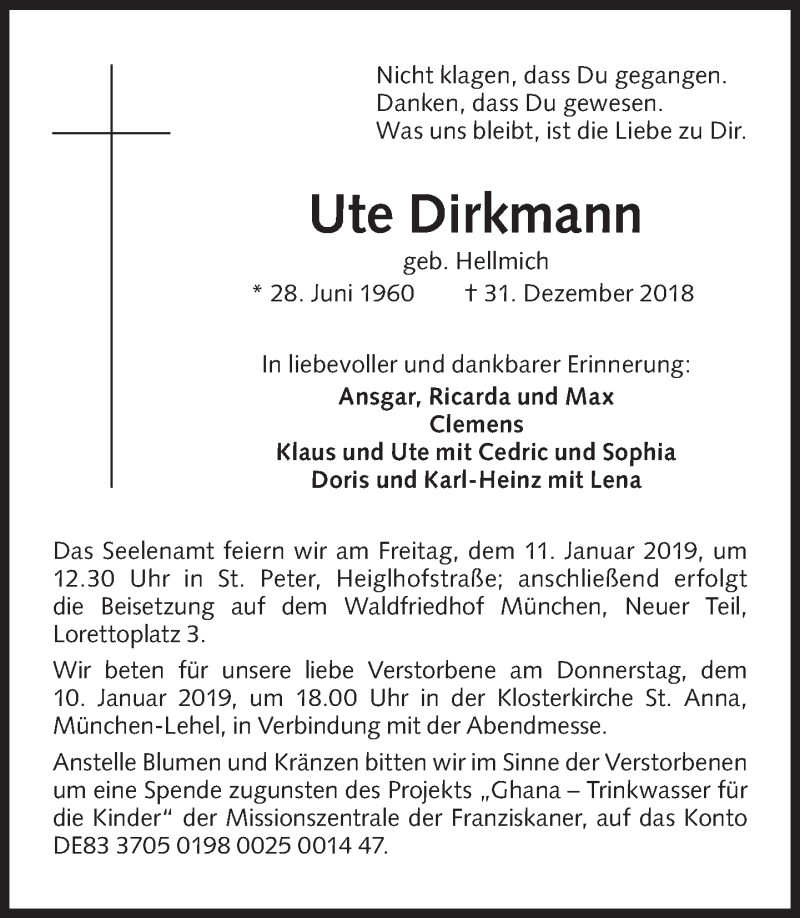  Traueranzeige für Ute Dirkmann vom 05.01.2019 aus Süddeutsche Zeitung