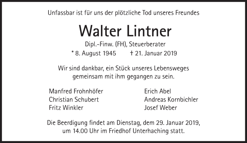  Traueranzeige für Walter Lintner vom 26.01.2019 aus Süddeutsche Zeitung