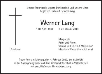 Traueranzeige von Werner Lang von Süddeutsche Zeitung