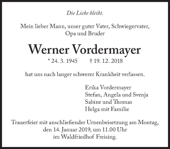 Traueranzeige von Werner Vordermayer von Süddeutsche Zeitung