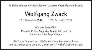 Traueranzeige von Wolfgang Zwack von Süddeutsche Zeitung