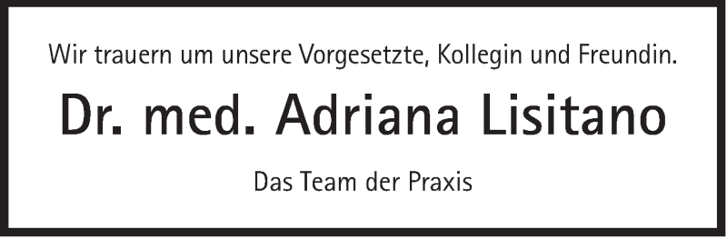  Traueranzeige für Adriana Lisitano vom 12.10.2019 aus Süddeutsche Zeitung