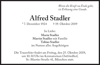 Traueranzeige von Alfred Stadler von Süddeutsche Zeitung