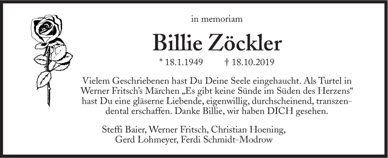  Traueranzeige für Billie Zöckler vom 26.10.2019 aus Süddeutsche Zeitung