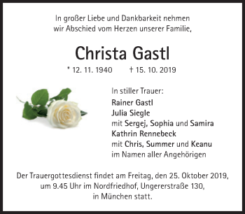 Traueranzeige von Christa Gastl von Süddeutsche Zeitung