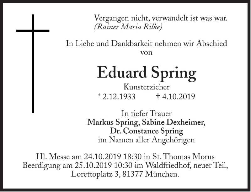  Traueranzeige für Eduard Spring vom 12.10.2019 aus Süddeutsche Zeitung