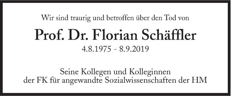  Traueranzeige für Florian Schäffler vom 05.10.2019 aus Süddeutsche Zeitung