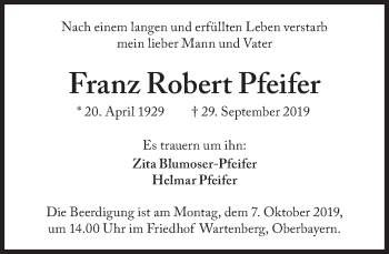 Traueranzeige von Franz Robert Pfeifer von Süddeutsche Zeitung
