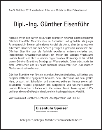 Traueranzeige von Günther Eisenführ von Süddeutsche Zeitung