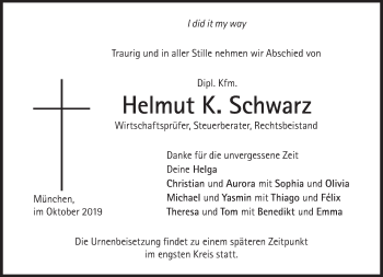 Traueranzeige von Helmut K. Schwarz von Süddeutsche Zeitung