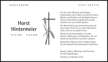 Traueranzeige von Horst Hintermeier von Süddeutsche Zeitung