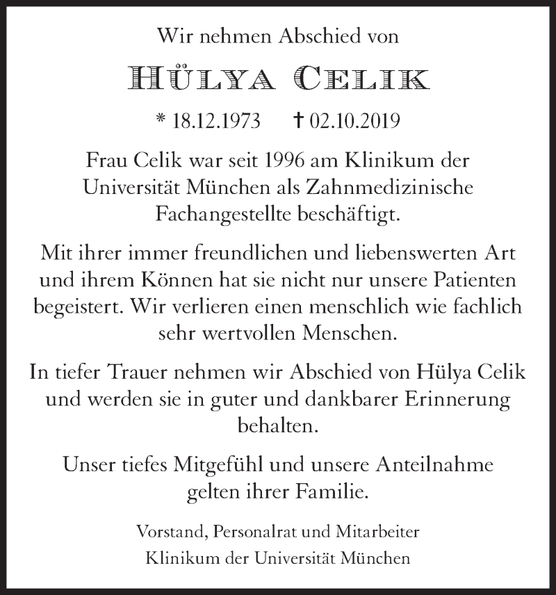  Traueranzeige für Hülya Celik vom 05.10.2019 aus Süddeutsche Zeitung