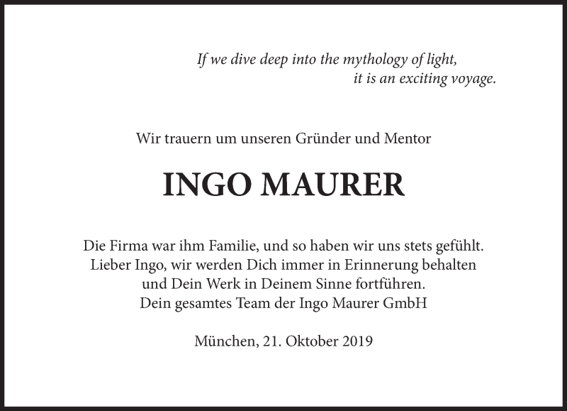  Traueranzeige für Ingo Maurer vom 26.10.2019 aus Süddeutsche Zeitung