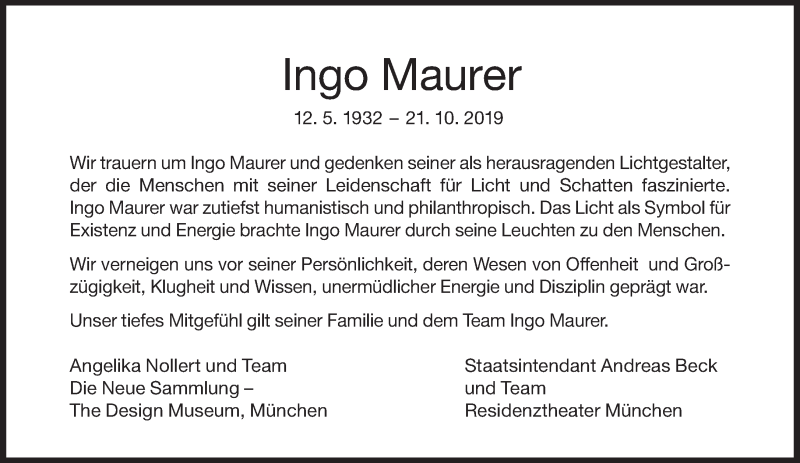  Traueranzeige für Ingo Maurer vom 26.10.2019 aus Süddeutsche Zeitung