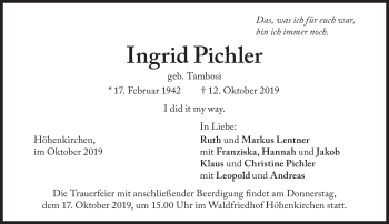 Traueranzeige von Ingrid Pichler von Süddeutsche Zeitung