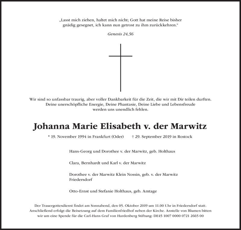  Traueranzeige für Johanna Marie Elisabeth v. der Marwitz vom 02.10.2019 aus Süddeutsche Zeitung