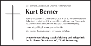 Traueranzeige von Kurt Berner von Süddeutsche Zeitung