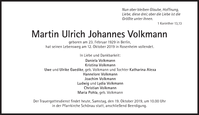 Anzeige Von Martin Ulrich Johannes Volkmann Sz Gedenken De