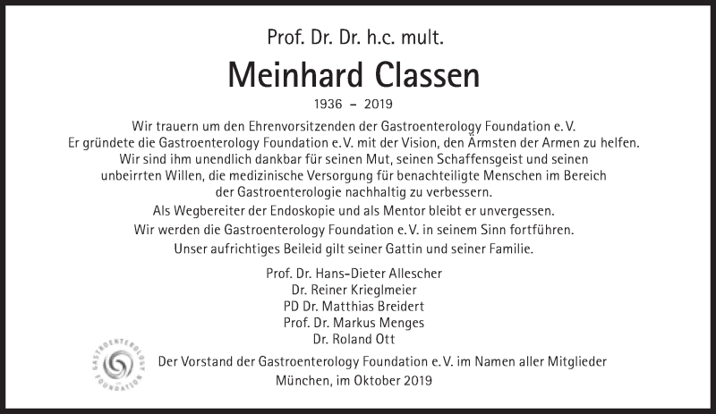  Traueranzeige für Meinhard Classen vom 12.10.2019 aus Süddeutsche Zeitung