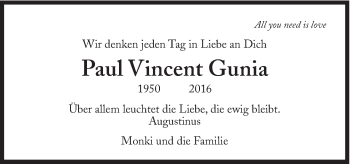 Traueranzeige von Paul Vincent Gunia von Süddeutsche Zeitung