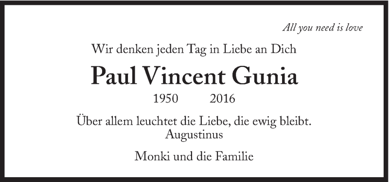  Traueranzeige für Paul Vincent Gunia vom 25.10.2019 aus Süddeutsche Zeitung