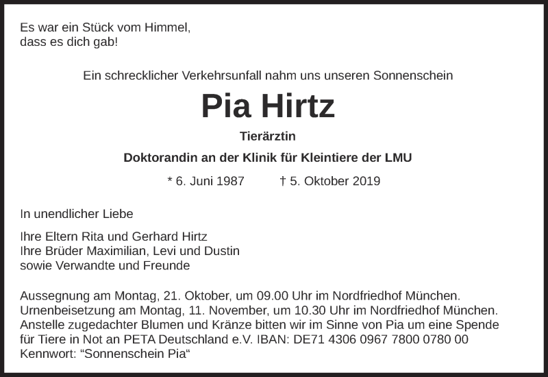  Traueranzeige für Pia Hirtz vom 12.10.2019 aus Süddeutsche Zeitung
