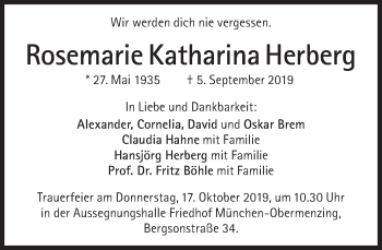 Traueranzeige von Rosemarie Katharina Herberg von Süddeutsche Zeitung
