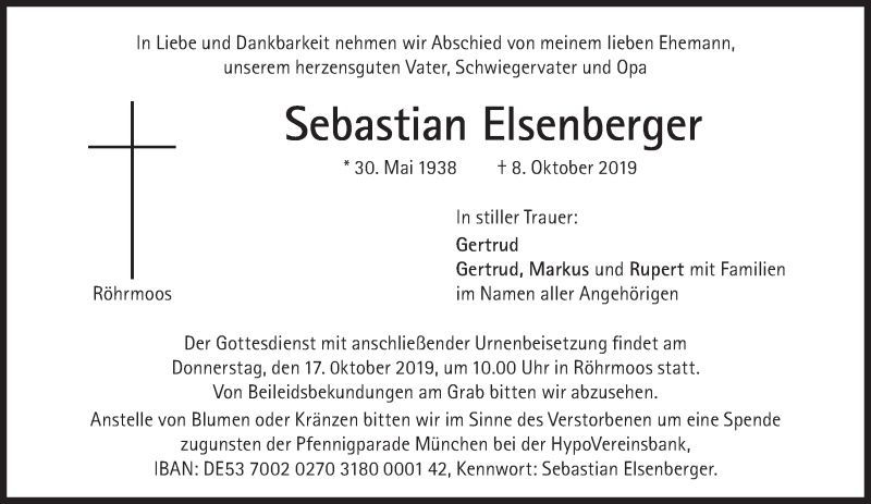  Traueranzeige für Sebastian Elsenberger vom 12.10.2019 aus Süddeutsche Zeitung