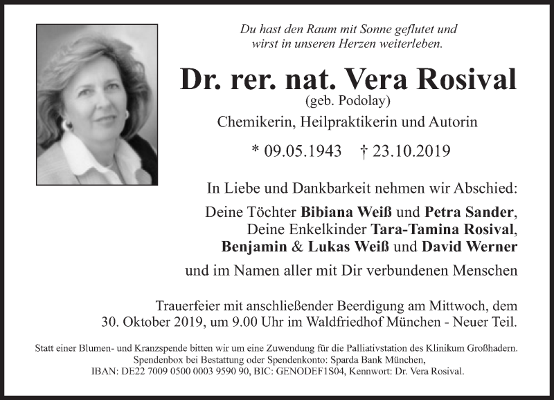  Traueranzeige für Vera Rosival vom 26.10.2019 aus Süddeutsche Zeitung
